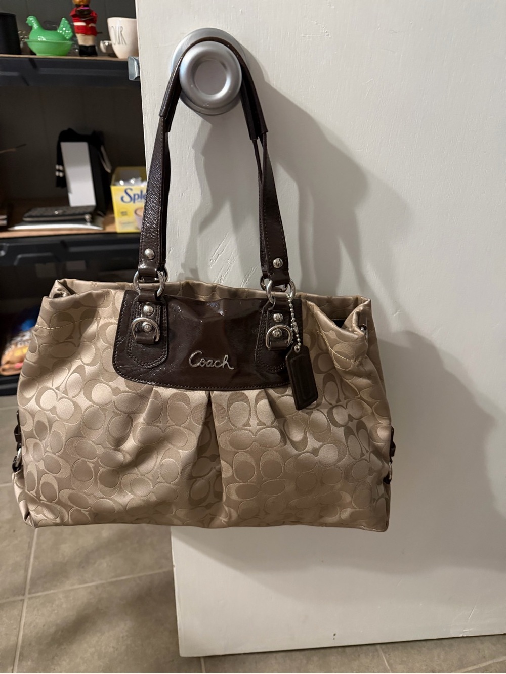 Coach F15510 Ashley Signature Sateen Carryall Handbag Khaki Brown Patent Leather